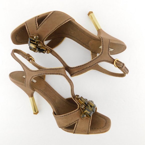 MIU MIU Crystal Gemstone Embellishment Brown T-strap Heel Pump Sandals 38.5 - Picture 5 of 9